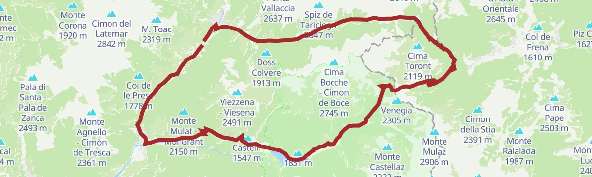 Route map: Moena - San Pellegrino Pass - Valles Pass - Predazzo - Moena